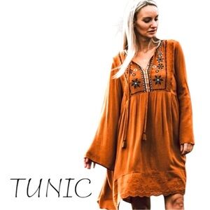 Embellished Orange Tunic with Relaxed V-Neck